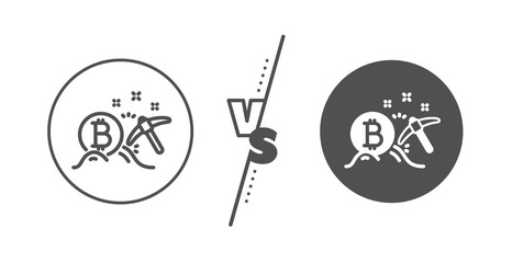 Cryptocurrency coin sign. Versus concept. Bitcoin mining line icon. Crypto money pickaxe symbol. Line vs classic bitcoin mining icon. Vector