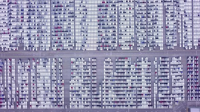 Top View new cars for sale at port in Parking lot