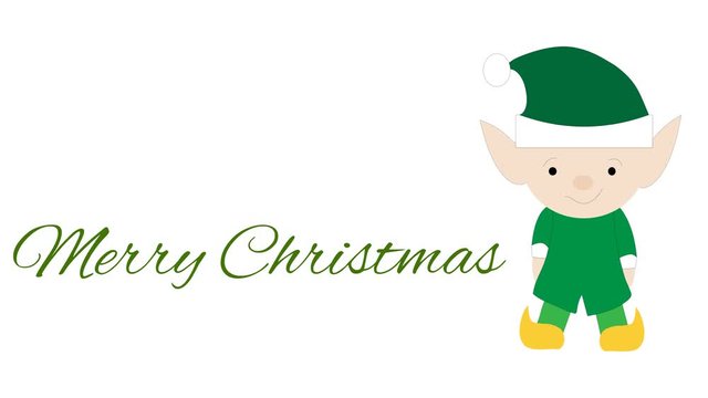 Merry Christmas illustrated on white banner with green elf.