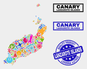 Vector collage of service Lanzarote Islands map and blue watermark for quality product. Lanzarote Islands map collage made with equipment, spanners, science icons.