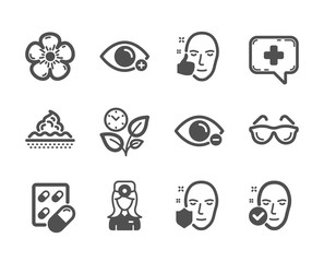 Set of Healthcare icons, such as Skin care, Leaves, Farsightedness, Healthy face, Natural linen, Health skin, Medical chat, Capsule pill, Eyeglasses, Oculist doctor, Face protection. Vector