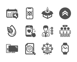 Set of Technology icons, such as Swipe up, Heart rating, Computer, Smartwatch, Ferris wheel, Third party, Get box, Spanner, Analytics chart, Organic product, Employees group classic icons. Vector