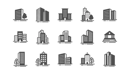 Fotobehang Buildings icons. Bank, Hotel, Courthouse. City, Real estate, Architecture buildings icons. Hospital, town house, museum. Urban architecture, city skyscraper. Classic set. Quality set. Vector © blankstock