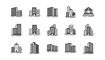 Buildings icons. Bank, Hotel, Courthouse. City, Real estate, Architecture buildings icons. Hospital, town house, museum. Urban architecture, city skyscraper. Classic set. Quality set. Vector