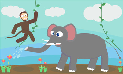 monkeys and elephants are having fun