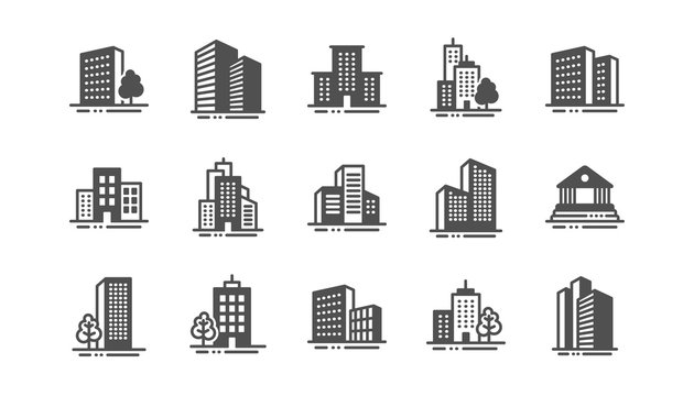 Buildings icons. Bank, Hotel, Courthouse. City, Real estate, Architecture buildings icons. Hospital, town house, museum. Urban architecture, city skyscraper. Classic set. Quality set. Vector