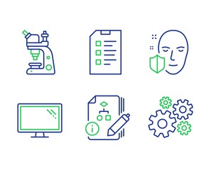 Algorithm, Face protection and Checklist line icons set. Microscope, Monitor and Cogwheel signs. Project, Secure access, Data list. Chemistry laboratory. Science set. Vector