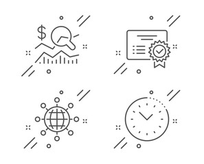 Certificate, International globe and Check investment line icons set. Time management sign. Verified document, World networking, Business report. Office clock. Education set. Vector