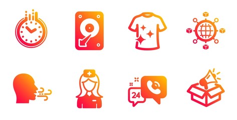 Logistics network, 24h service and Time line icons set. Breathing exercise, Hospital nurse and Hdd signs. Clean t-shirt, Megaphone box symbols. International tracking, Call support. Vector