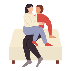 Young happy romantic couple sitting and hugging on the couch or bed. Man and woman in love on a date. Flat vector illustration.