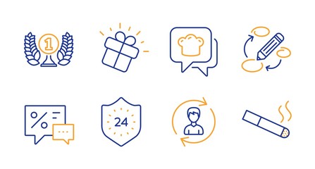 24 hours, Human resources and Gift line icons set. Cooking hat, Discounts and Laureate award signs. Keywords, Smoking symbols. Protection, Update profile. Business set. Line 24 hours icon. Vector