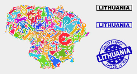 Vector collage of service Lithuania map and blue seal for quality product. Lithuania map collage created with equipment, spanners, science icons.