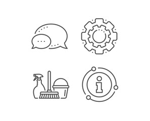 Cleaning service line icon. Chat bubble, info sign elements. Spray, bucket and mop symbol. Housekeeping equipment sign. Linear household service outline icon. Information bubble. Vector