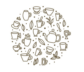 Tea set. Cups and teapots. Vector illustration.