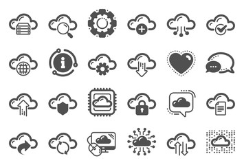 Cloud data and technology icons. Set of Hosting, Computing data and File storage icons. Archive, Download, Share cloud files. Sync technology, Web server, Storage access. Quality set. Vector
