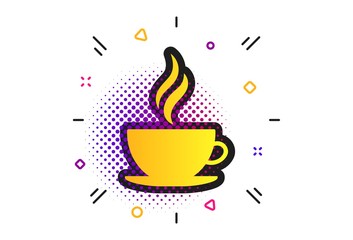 Coffee cup sign icon. Halftone dots pattern. Hot coffee button. Hot tea drink with steam. Classic flat coffee icon. Vector
