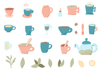 Tea set. Cups and teapots. Vector illustration.