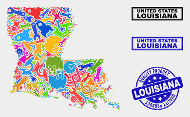 Vector collage of service Louisiana State map and blue seal stamp for quality product. Louisiana State map collage constructed with equipment, wrenches, production icons.