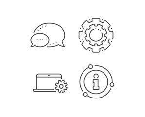 Laptop computer icon. Chat bubble, info sign elements. Notebook Service sign. Portable personal computer symbol. Linear notebook Service outline icon. Information bubble. Vector