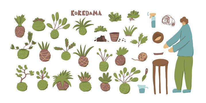 Kokedama set. Doodle vector asian plant collection