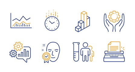 Fototapeta premium 3d chart, Trade infochart and Medical analyzes line icons set. Time, Face verified and Employee hand signs. Cogwheel, Typewriter symbols. Presentation column, Business analysis. Science set. Vector