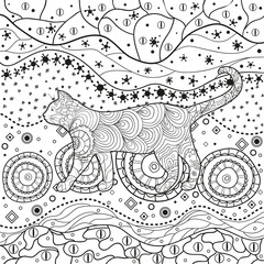 Ornate cat on abstract pattern. Hand drawn abstract patterns on isolation background. Design for spiritual relaxation for adults. Black and white illustration