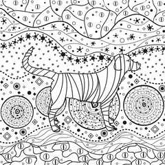 Abstract dog on pattern. Hand drawn waved ornaments on white. Intricate patterns on isolated background. Design for spiritual relaxation for adults. Black and white illustration for anti stress colour