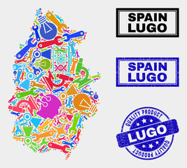Vector collage of service Lugo Province map and blue seal for quality product. Lugo Province map collage composed with equipment, spanners, science icons.