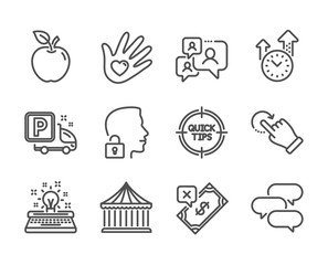 Set of Business icons, such as Typewriter, Social responsibility, Talk bubble, Time management, Rotation gesture, Support chat, Tips, Truck parking, Carousels, Unlock system, Apple. Vector