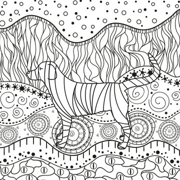 Abstract dog on ornate pattern. Hand drawn waved ornaments on white. Intricate patterns on isolated background. Design for spiritual relaxation for adults