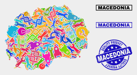 Vector collage of technology Macedonia map and blue seal for quality product. Macedonia map collage formed with equipment, wrenches, industry symbols.