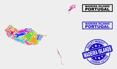 Obraz premium Vector collage of service Madeira Islands map and blue seal for quality product. Madeira Islands map collage made with tools, wrenches, industry symbols.