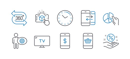 Set of Technology icons, such as Phone communication, Time, Smartphone buying, Augmented reality, Smartphone payment, 360 degree, Cogwheel, Pie chart, Tv, Loan percent line icons. Vector