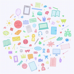 Abstract checkered pattern with school supplies. Graphic paper background. Back to school. Hand drawn elements. Education concept