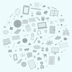Abstract pattern with school supplies. Graphic paper background. Checkered texture. Back to school. Hand drawn elements