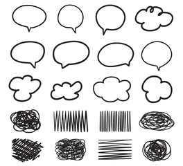 Hand drawn infographic elements on isolation background. Set of think and talk speech bubbles. Abstract clouds. Hatching doodles
