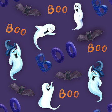 Funny ghosts and spooky bats isolated on violet background. Hand drawn watercolor elements.