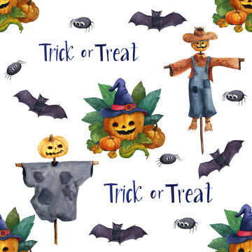 Cute seamless pattern on Halloween theme. Straw man , pumpkin with witch hat and bats isolated on white background. 