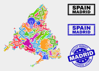 Vector collage of tools Madrid Province map and blue watermark for quality product. Madrid Province map collage made with tools, wrenches, industry icons.