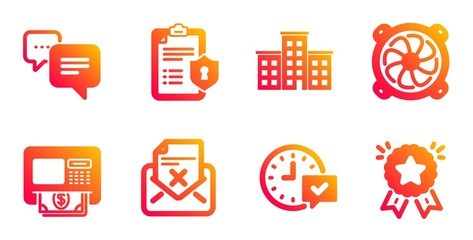 Computer fan, Select alarm and Dots message line icons set. Atm, Privacy policy and Company signs. Reject letter, Ranking star symbols. Pc ventilator, Time symbol. Technology set. Vector