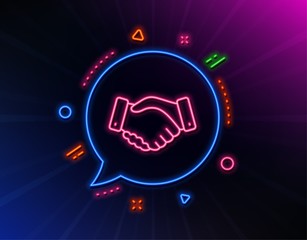 Employees handshake line icon. Neon laser lights. Hand gesture sign. Business deal palm symbol. Glow laser speech bubble. Neon lights chat bubble. Banner badge with employees handshake icon. Vector