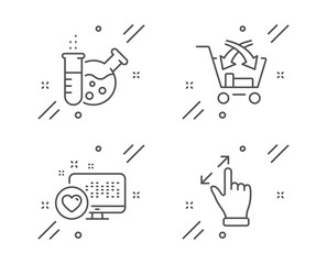 Cross sell, Chemistry lab and Heart line icons set. Touchscreen gesture sign. Market retail, Laboratory, Social media. Zoom in. Technology set. Line cross sell outline icon. Vector