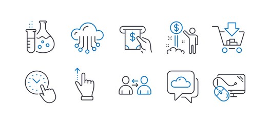 Set of Business icons, such as Weather forecast, Cloud storage, Communication, Income money, Atm service, Chemistry flask, Touchscreen gesture, Time management, Shopping, Computer mouse. Vector