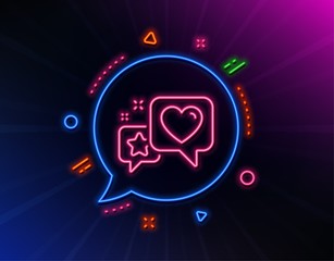 Star, heart line icon. Neon laser lights. Feedback rating sign. Customer satisfaction symbol. Glow laser speech bubble. Neon lights chat bubble. Banner badge with heart icon. Vector