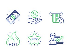 Fototapeta premium Credit card, New star and Hot sale line icons set. Bitcoin, Loan percent and Success business signs. Atm payment, Shopping, Shopping flame. Cryptocurrency coin. Finance set. Vector
