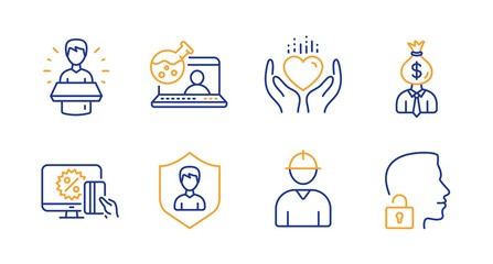 Engineer, Manager and Online chemistry line icons set. Security agency, Brand ambassador and Hold heart signs. Online shopping, Unlock system symbols. Worker profile, Work profit. People set. Vector