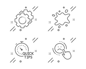 Dirty spot, Settings gears and Quick tips line icons set. Dislike sign. Laundry service, Technology process, Helpful tricks. Negative feedback. Business set. Line dirty spot outline icon. Vector