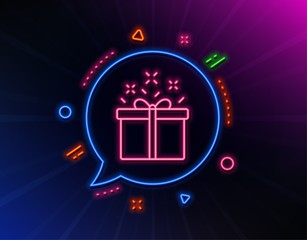 Gift box line icon. Neon laser lights. Present or Sale sign. Birthday Shopping symbol. Package in Gift Wrap. Glow laser speech bubble. Neon lights chat bubble. Vector