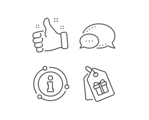 Coupons with Gifts line icon. Chat bubble, info sign elements. Present box or Sale sign. Birthday Shopping symbol. Package in Gift Wrap. Linear coupons outline icon. Information bubble. Vector