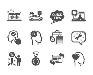 Set of Business icons, such as Music making, Quick tips, Spanner, Friends chat, Friend, Engineering, Medal, Parking security, Refresh website, Select user, Bio shopping, Discount. Vector